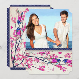 Invitation Photo Marocain Rose Navy Oiseaux d'Amour Fleur de 