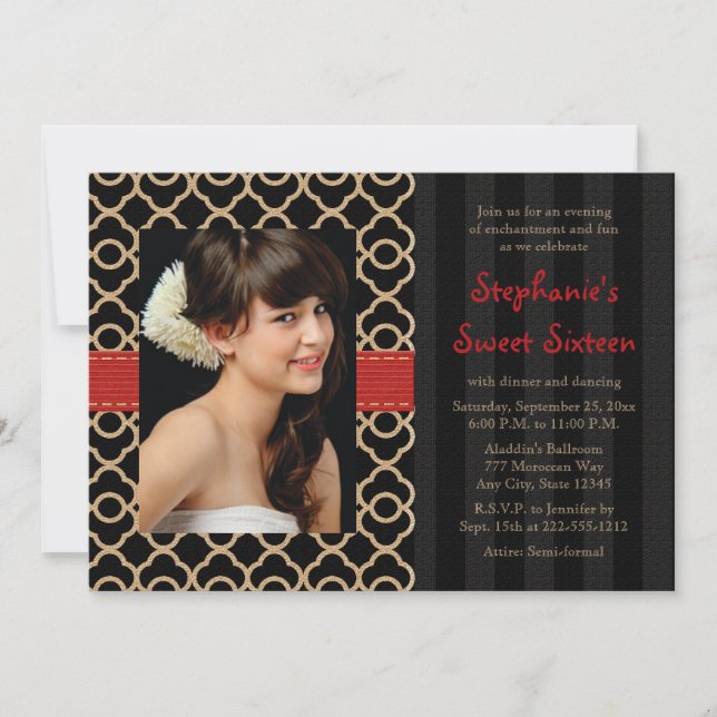 Invitation Photo marocaine de sweet sixteen d'or rouge et (Devant)