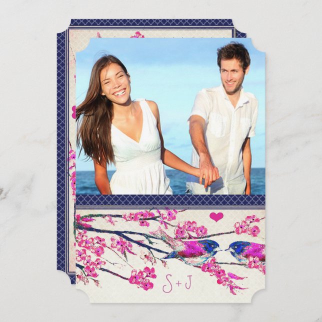 Invitation Photo marocaine Inséparable de la Marine rose ceri (Devant / Derrière)