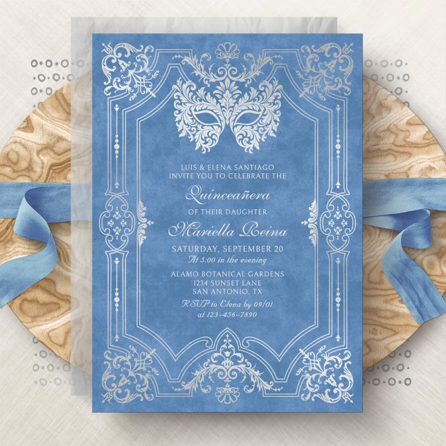 Invitation Photo Mascarade en argent bleu Quinceanera (Créateur téléchargé)