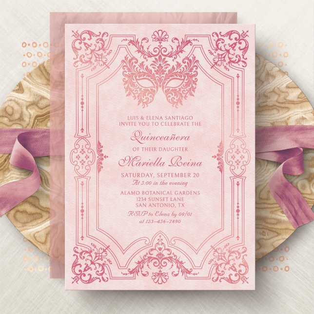 Invitation Photo Mascarade en or rose Quinceanera (Créateur téléchargé)