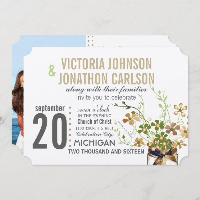 Invitation Photo Mason Jar Bronze et Mariage floral vert (Devant / Derrière)