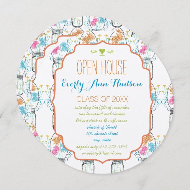 Invitation Photo Mason Jar Coral rose Aqua Floral Graduation (Devant / Derrière)