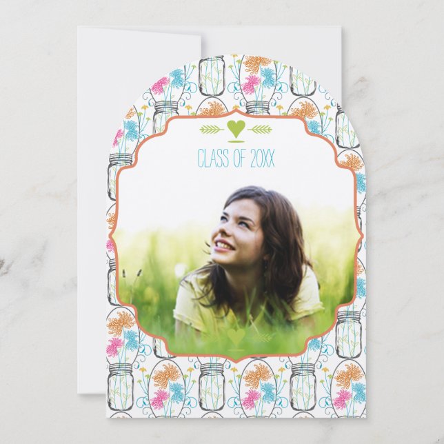 Invitation Photo Mason Jar Coral rose Aqua Floral Graduation (Dos)