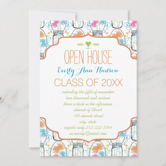 Invitation Photo Mason Jar Coral rose Aqua Floral Graduation (Devant)