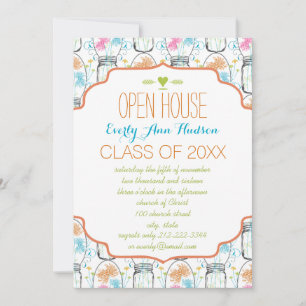 Invitation Photo Mason Jar Coral rose Aqua Floral Graduation