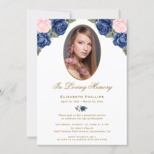 Invitation Photo Memorial Service Floral rose bleu