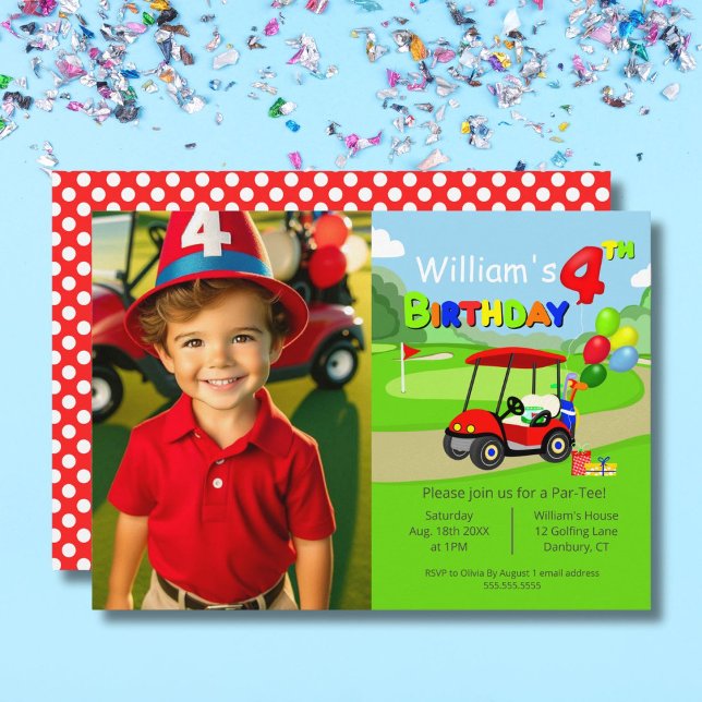 Invitation Photo Mignon 4e Anniversaire Chariot de Golf Rouge (Créateur téléchargé)