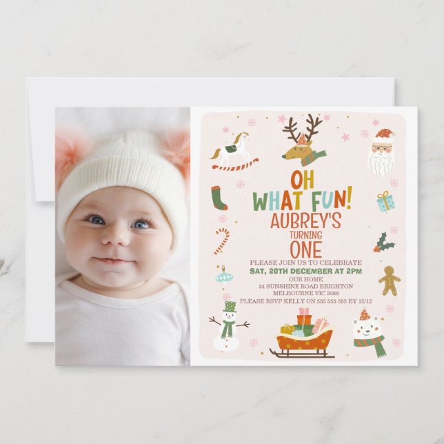 Invitation Photo mignonne Oh What Fun Noël 1er Anniversaire (Devant)