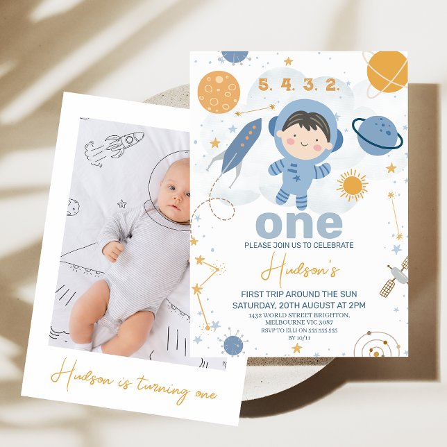 Invitation Photo mignonne Premier voyage autour du soleil 1er (Cute Blue Orange First trip Around the Sun 1st Birthday Invitation Boy Photo, Outer Space Invite)