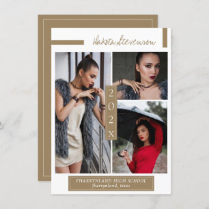 Invitation Photo minimal de graduation en or foncé et blanc