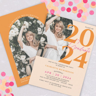 Invitation Photo minimale moderne Orange Girly Graduation Par