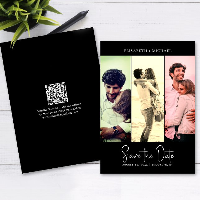 Invitation Photo Minimale Noir Code QR Rétro Enregistrer La D (The QR code makes it easy for guests to visit your website for more details about your wedding.)
