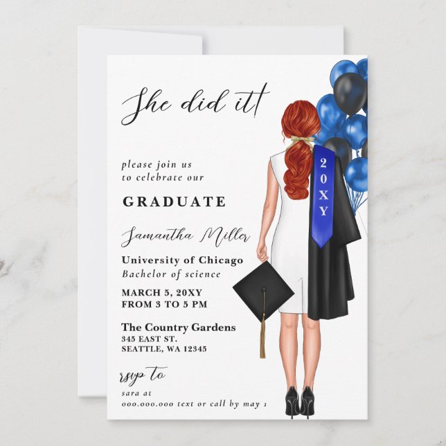Invitation Photo Minimaliste Bleue Elle L'A Fait Graduation (Devant)
