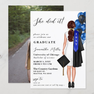 Invitation Photo Minimaliste Bleue Elle L'A Fait Graduation