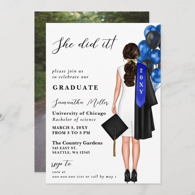 Invitation Photo Minimaliste Bleue Elle L'A Fait Graduation (Devant / Derrière)