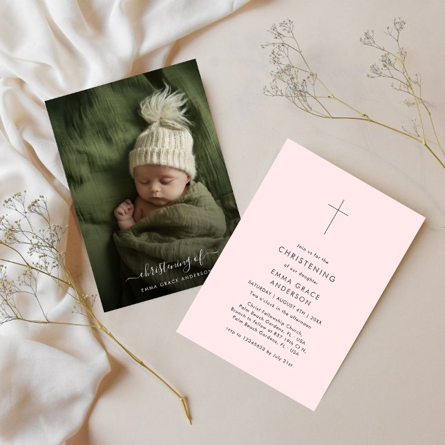 Invitation Photo minimaliste moderne rose bébé fille Christen (Créateur téléchargé)
