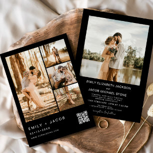 Invitation Photo minimaliste noir Code QR Cinq 5 Mariage