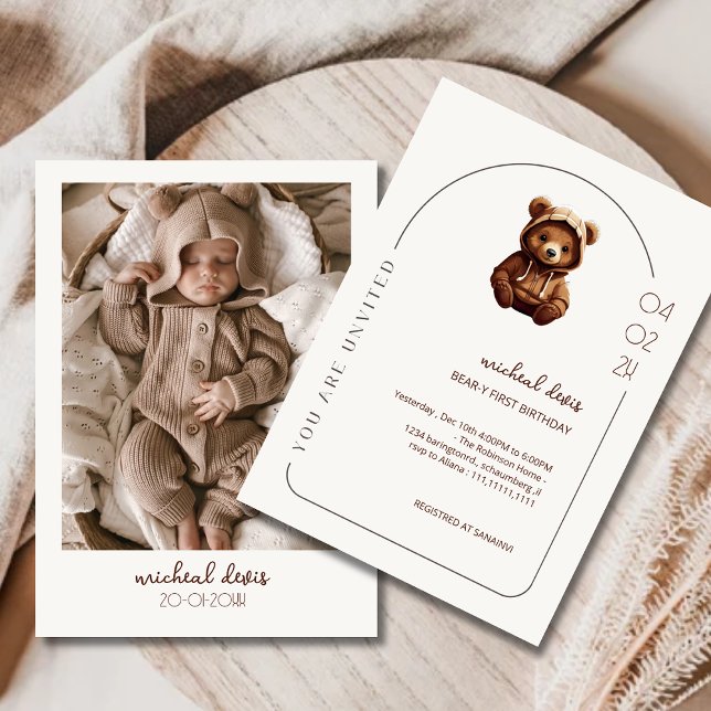 Invitation Photo minime mignonne Ours-y Premier bébé Annivers (Créateur téléchargé)
