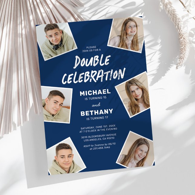Invitation Photo mixte bleu moderne fête d'anniversaire (Créateur téléchargé)