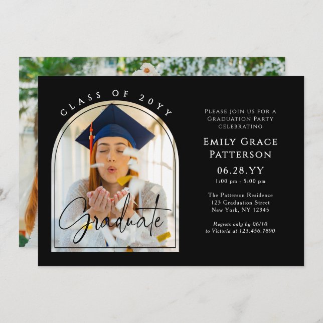 Invitation Photo Modern Arch Graduate Script Graduate Party (Devant / Derrière)