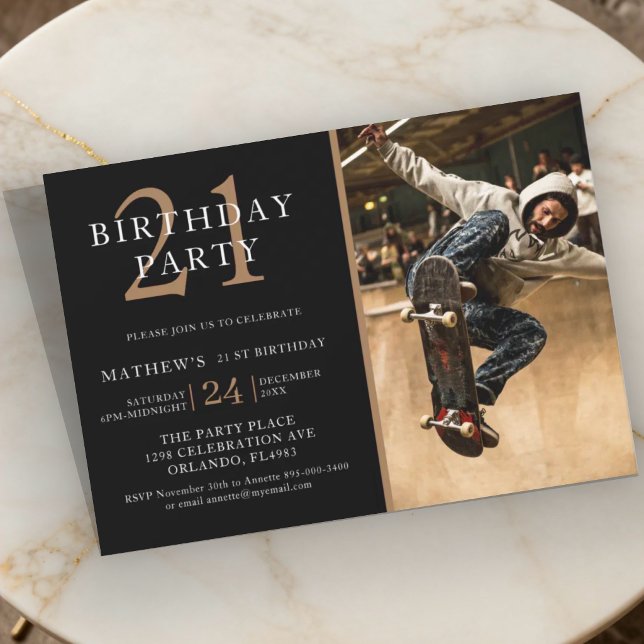 Invitation photo moderne 21 ans noir et or  (Créateur téléchargé)