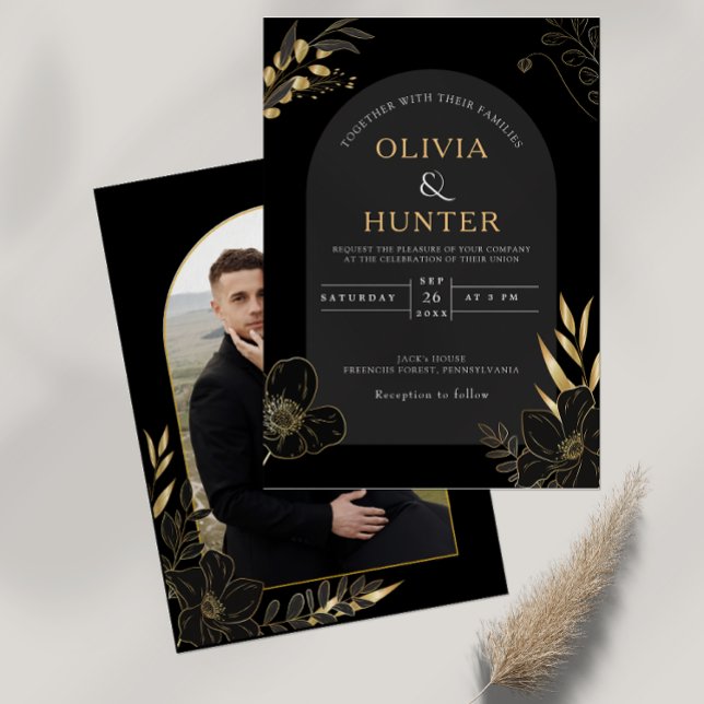 Invitation Photo moderne Black & Gold Floral minimum Élégant (Elegant Modern Black and Gold Floral Photo invitation card)