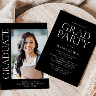 Invitation Photo moderne Black White Graduation Party 2025