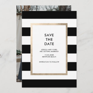 Invitation Photo moderne Black White Stripe Rose Gold Foil