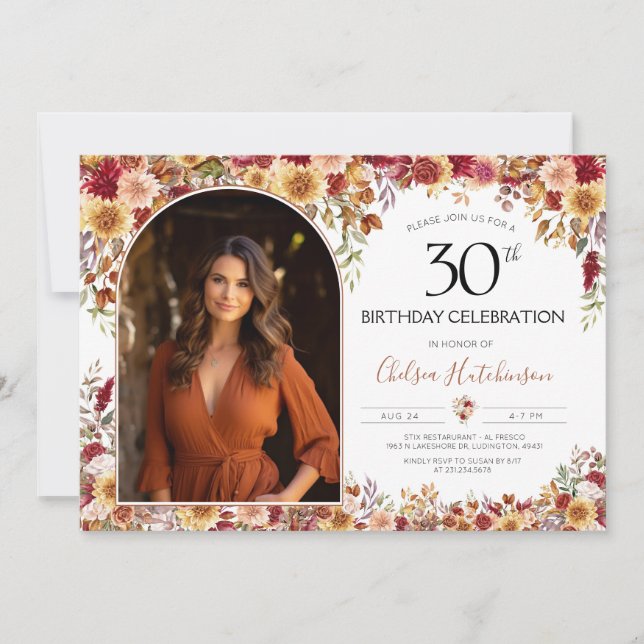 Invitation Photo moderne Boho Floral 30th Birthday Party (Devant)