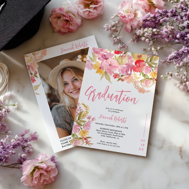 Invitation Photo moderne Boho rose lavande florale de remise  (Modern photo Boho Pink Lavender floral graduation Invitation)