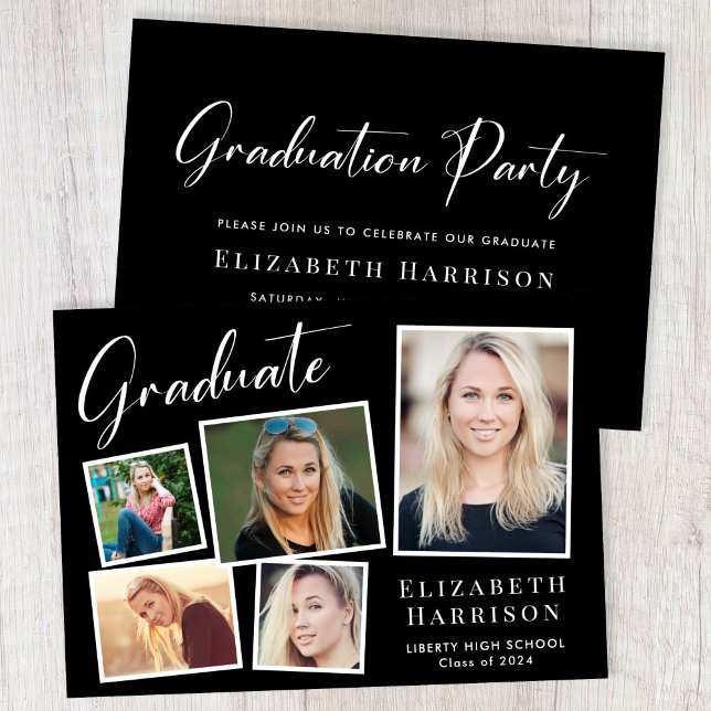 Invitation Photo moderne Collage Black Graduation Party (A modern photo collage graduation party invitation to celebrate the graduate's achievements)