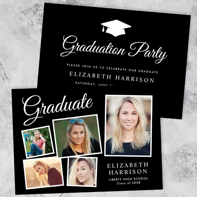 Invitation Photo moderne Collage Black Graduation Party (A personalized photo graduation party invitation to celebrate the graduate's achievements)