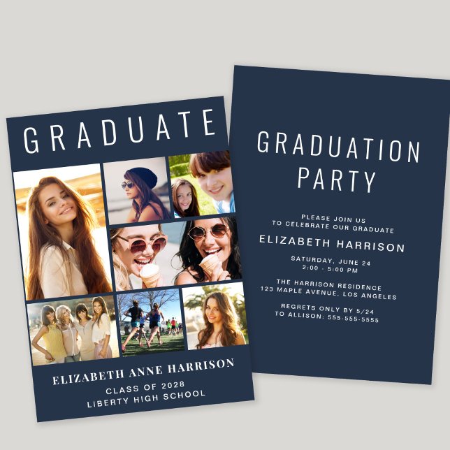 Invitation Photo moderne Collage Blue Graduation Party (A modern photo collage graduation party invitation to celebrate the graduate's achievements)