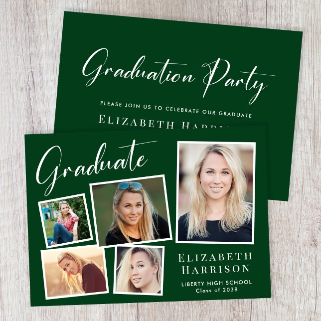 Invitation Photo moderne Collage Green Graduation Party (A modern photo collage graduation party invitation to celebrate the graduate's achievements)