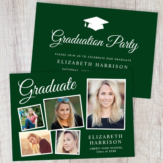 Invitation Photo moderne Collage Green Graduation Party (A personalized photo graduation party invitation to celebrate the graduate's achievements)
