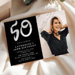 Invitation Photo moderne de la fête du 50e anniversaire<br><div class="desc">Invitation photo branchée 50e anniversaire. Design propose une photographie de votre choix sur un arrière - plan noir,  avec un modèle simple en texte blanc,  facile à customiser. Le numéro cinquante est une amusante typographie d'un coup de pinceau donnant à cet invitation une sensation moderne.</div>