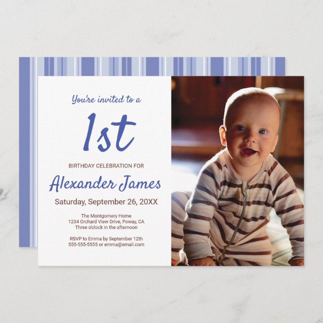 Invitation Photo moderne Denim Blue Stried Boy Anniversaire (Devant / Derrière)