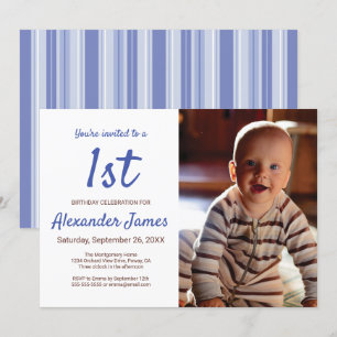 Invitation Photo moderne Denim Blue Stried Boy Anniversaire