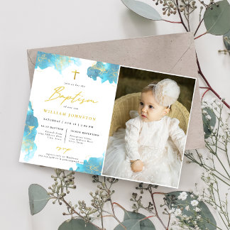 Invitation Photo moderne élégante Baptême Bleu