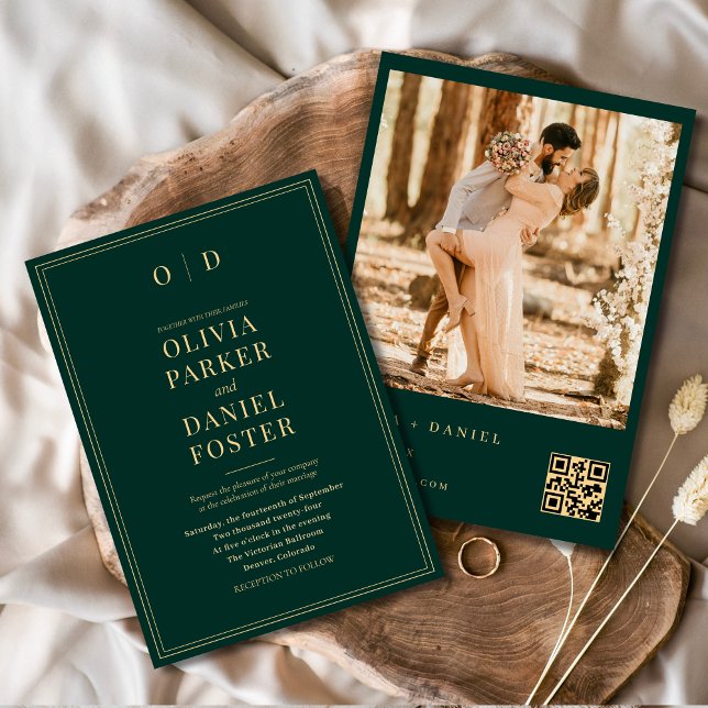 Invitation Photo moderne Emerald Green Gold Photo QR Code Mar (Créateur téléchargé)