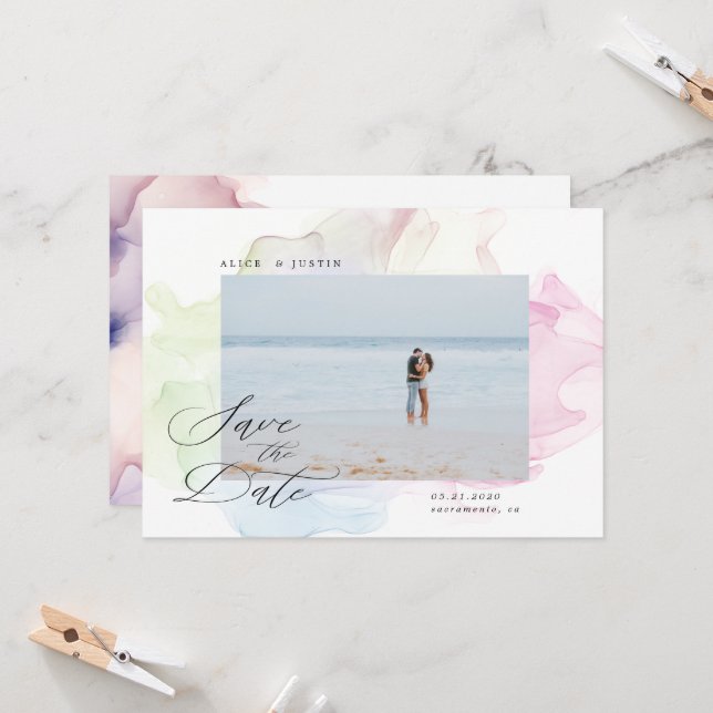 Invitation Photo moderne en soie transparente Enregistrer la  (Devant/Arrière en situation)