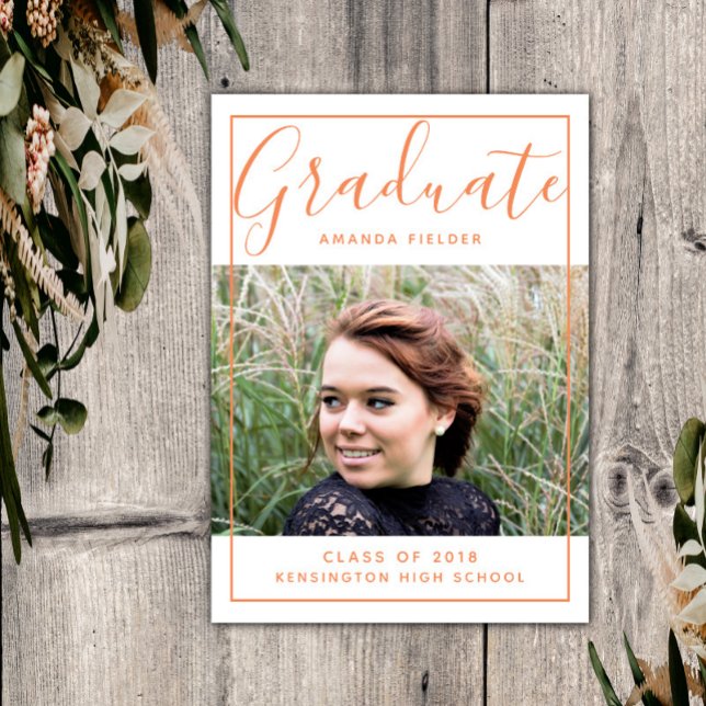 Invitation Photo moderne encadrée d'obtention du diplôme | Or (Orange Modern Framed Graduation Photo Announcement)