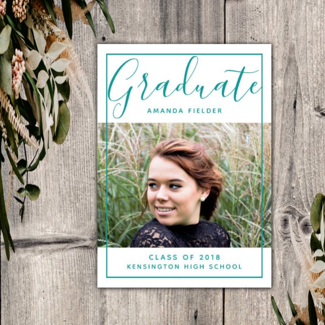 Invitation Photo moderne encadrée d'obtention du diplôme | TU (Teal Modern Framed Graduation Photo Announcement)