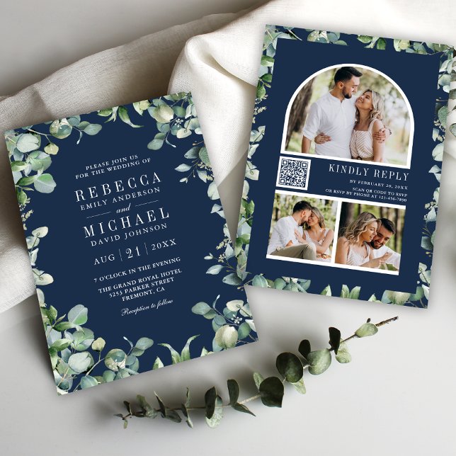 Invitation Photo moderne Eucalyptus QR Code Marine Mariage bl (Créateur téléchargé)