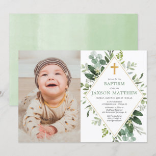 Invitation Photo moderne eucalyptus vert or baptême d'or vert