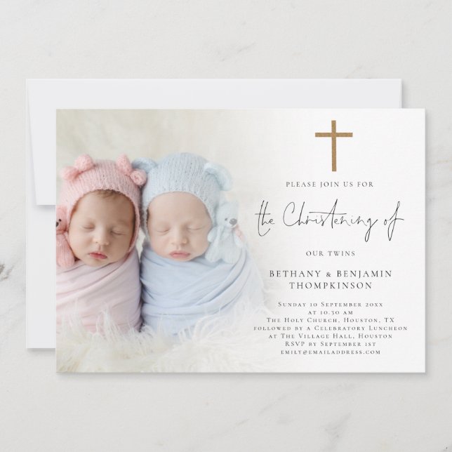 Invitation Photo moderne Gold Cross Twins Christening Invitat (Devant)