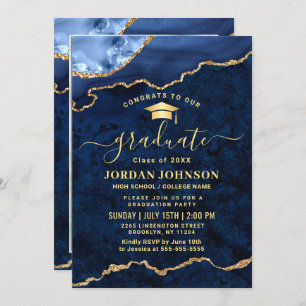 Invitation PHOTO moderne Golden Blue Marble Party de graduati