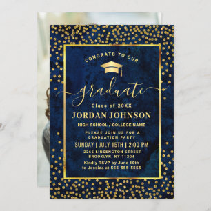 Invitation PHOTO moderne Golden Blue Marble Party de graduati