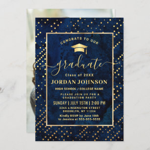 Invitation PHOTO moderne Golden Blue Marble Party de graduati